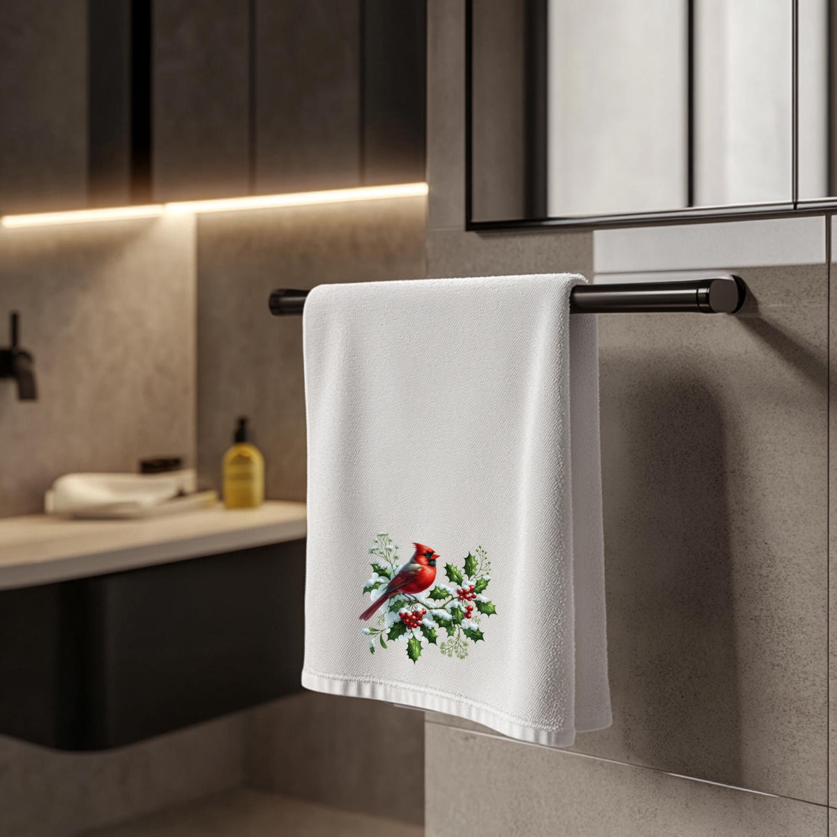 Cardinal Christmas Fingertip Towel, Holiday Guest Bath Decor