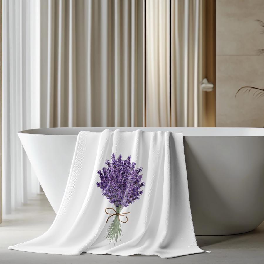 Lavender Bouquet Bath Towel, White Floral Spa Bathroom Decor, French Country Gift