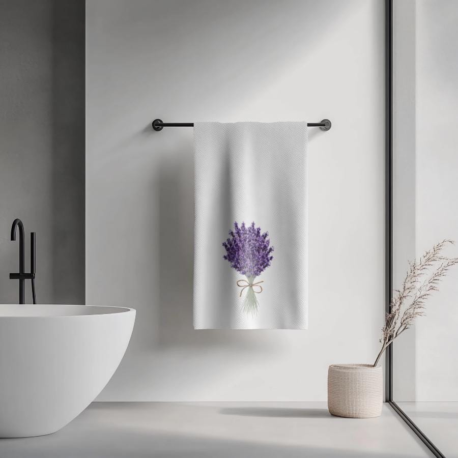 Lavender Bouquet Bath Towel, White Floral Spa Bathroom Decor, French Country Gift