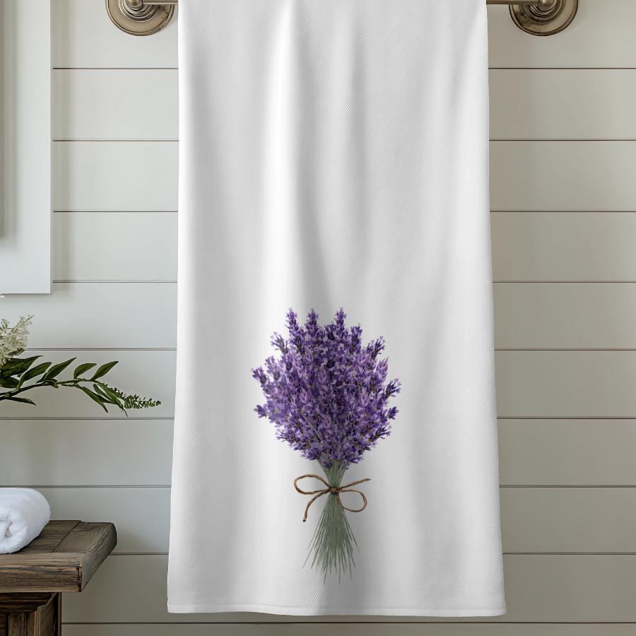 Lavender Bouquet Bath Towel, White Floral Spa Bathroom Decor, French Country Gift