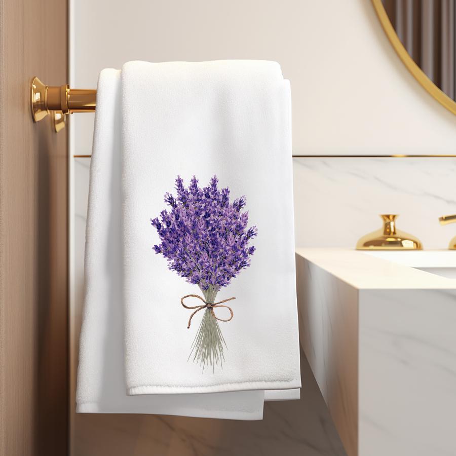 Lavender Bouquet Bath Towel, White Floral Spa Bathroom Decor, French Country Gift