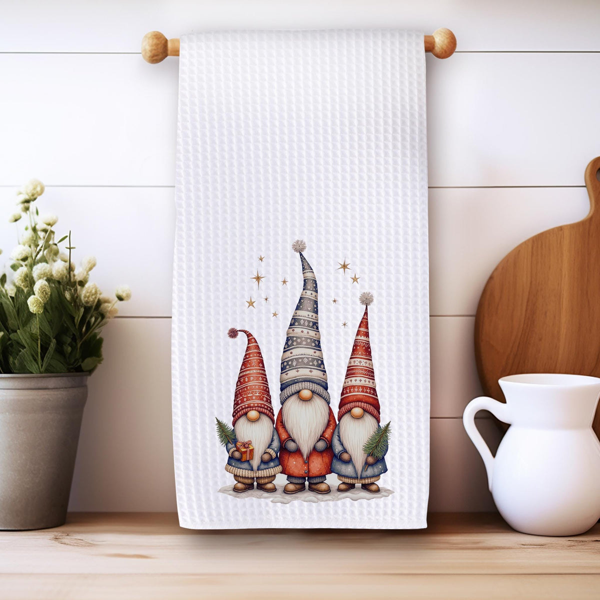 Gnome Holiday Towel, Festive Waffle Dish with Custom Wording