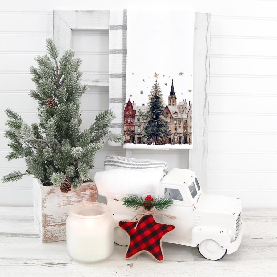 Christmas Village Hand Towel, Holiday Kitchen Bath Decor, Winter Town Housewarming Gift