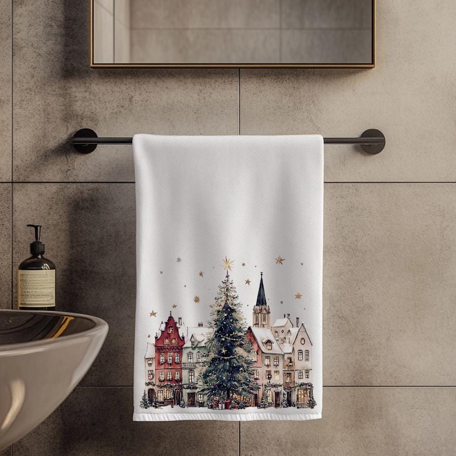 Christmas Village Hand Towel, Holiday Kitchen Bath Decor, Winter Town Housewarming Gift