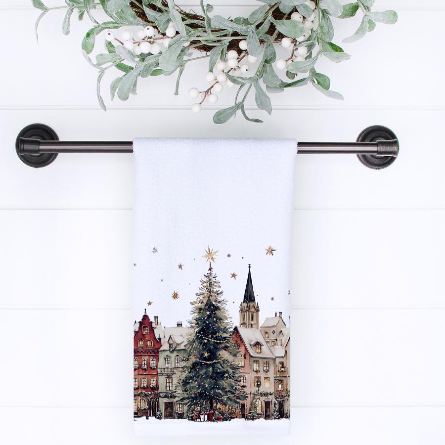 Christmas Village Hand Towel, Holiday Kitchen Bath Decor, Winter Town Housewarming Gift