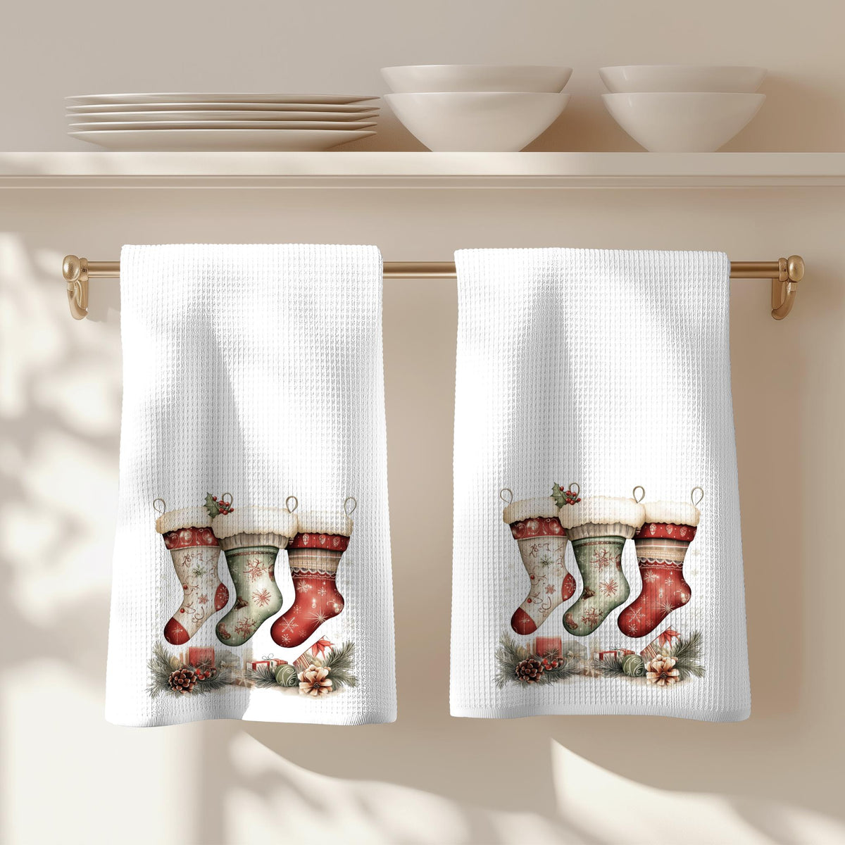 Christmas Stocking Hand Towel, Holiday Kitchen Decor