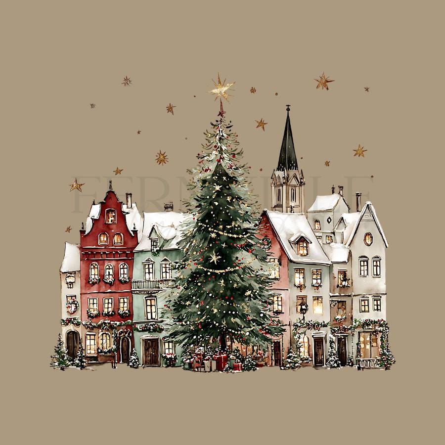 Christmas Village Hand Towel, Holiday Kitchen Bath Decor, Winter Town Housewarming Gift