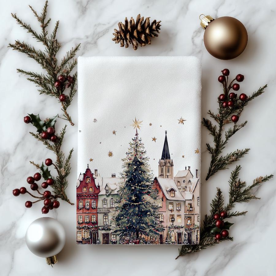 Christmas Village Hand Towel, Holiday Kitchen Bath Decor, Winter Town Housewarming Gift
