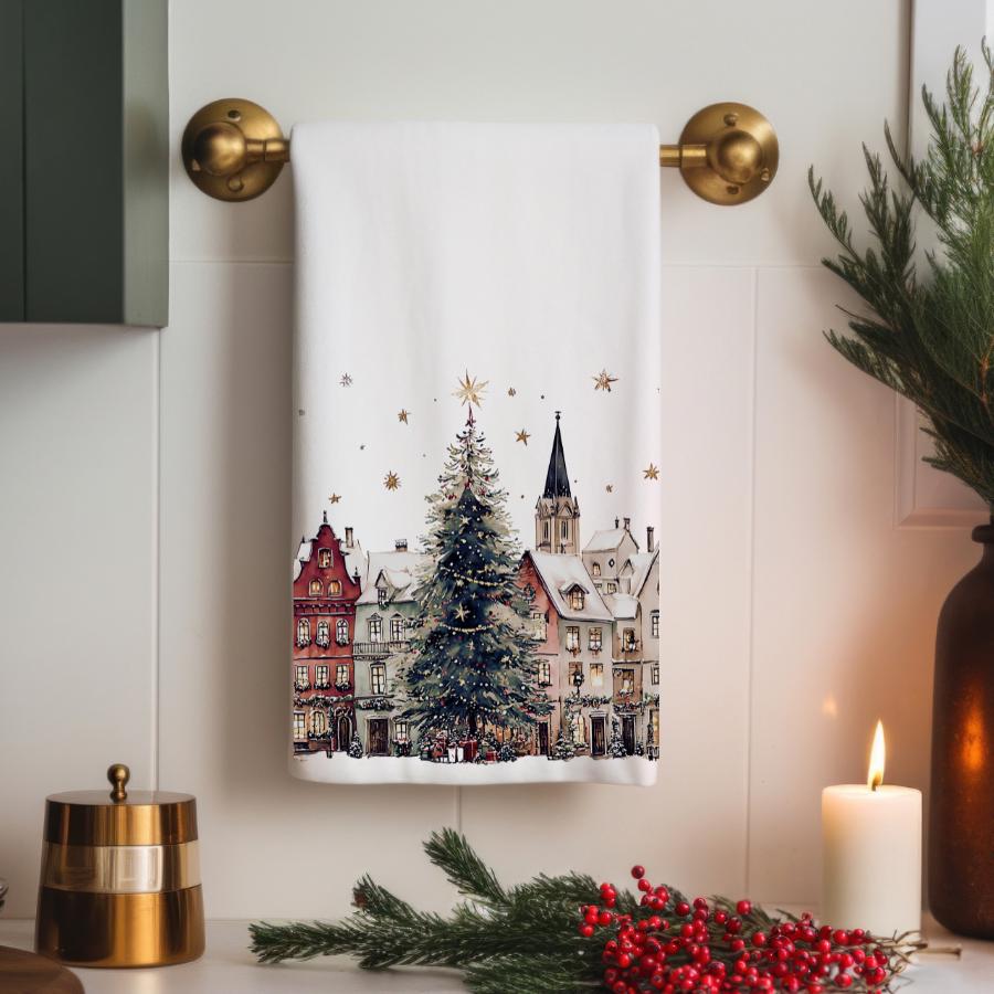 Christmas Village Hand Towel, Holiday Kitchen Bath Decor, Winter Town Housewarming Gift