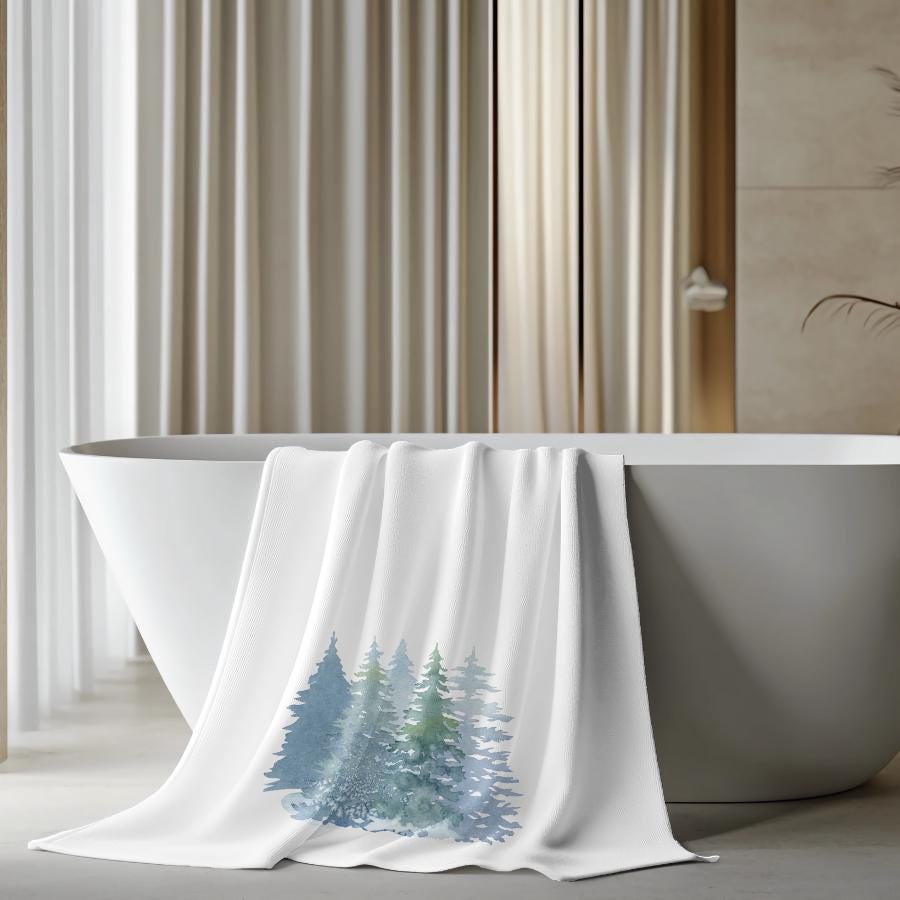 Winter Forest Bath Towel, Evergreen Bathroom Decor Gift