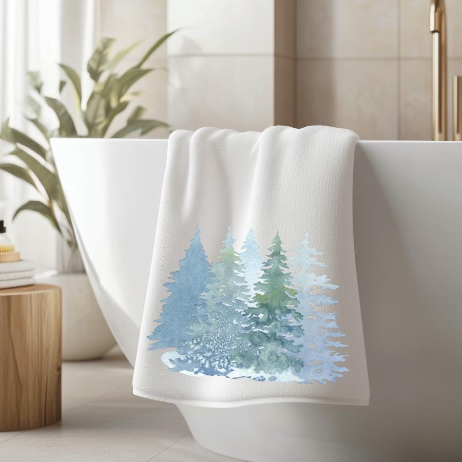 Winter Forest Bath Towel, Evergreen Bathroom Decor Gift