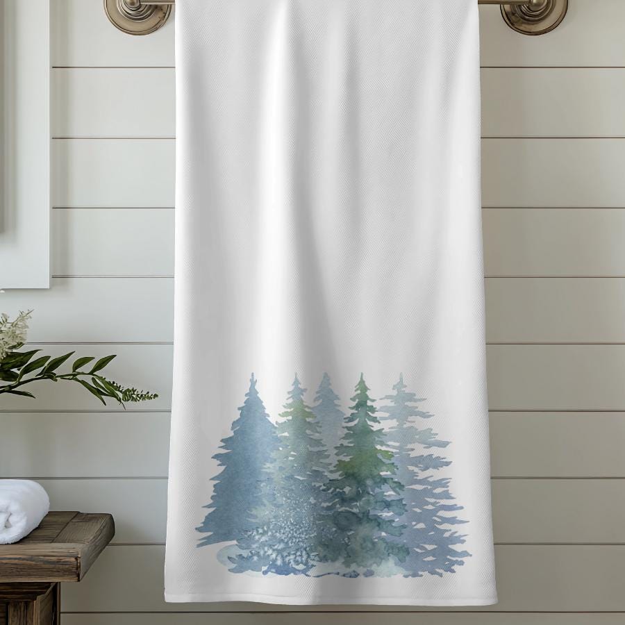 Winter Forest Bath Towel, Evergreen Bathroom Decor Gift