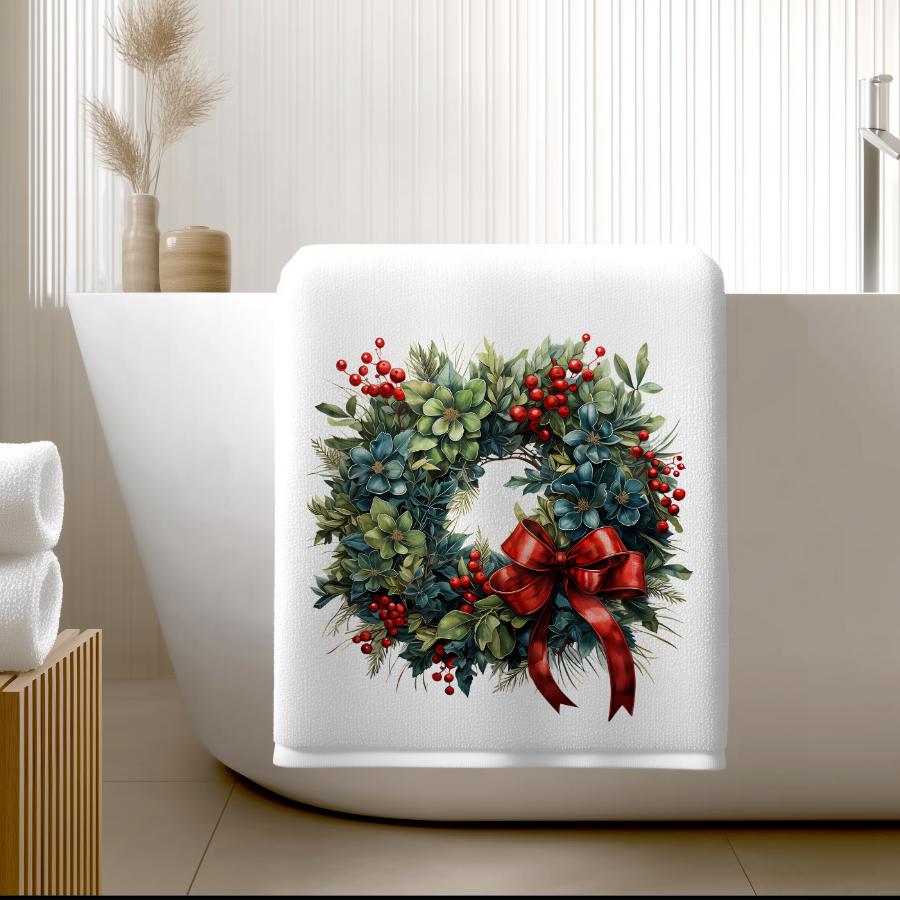 Holiday Wreath Bath Towel: Plush Polyester & Cotton Terry, Elegant Bathroom Decor