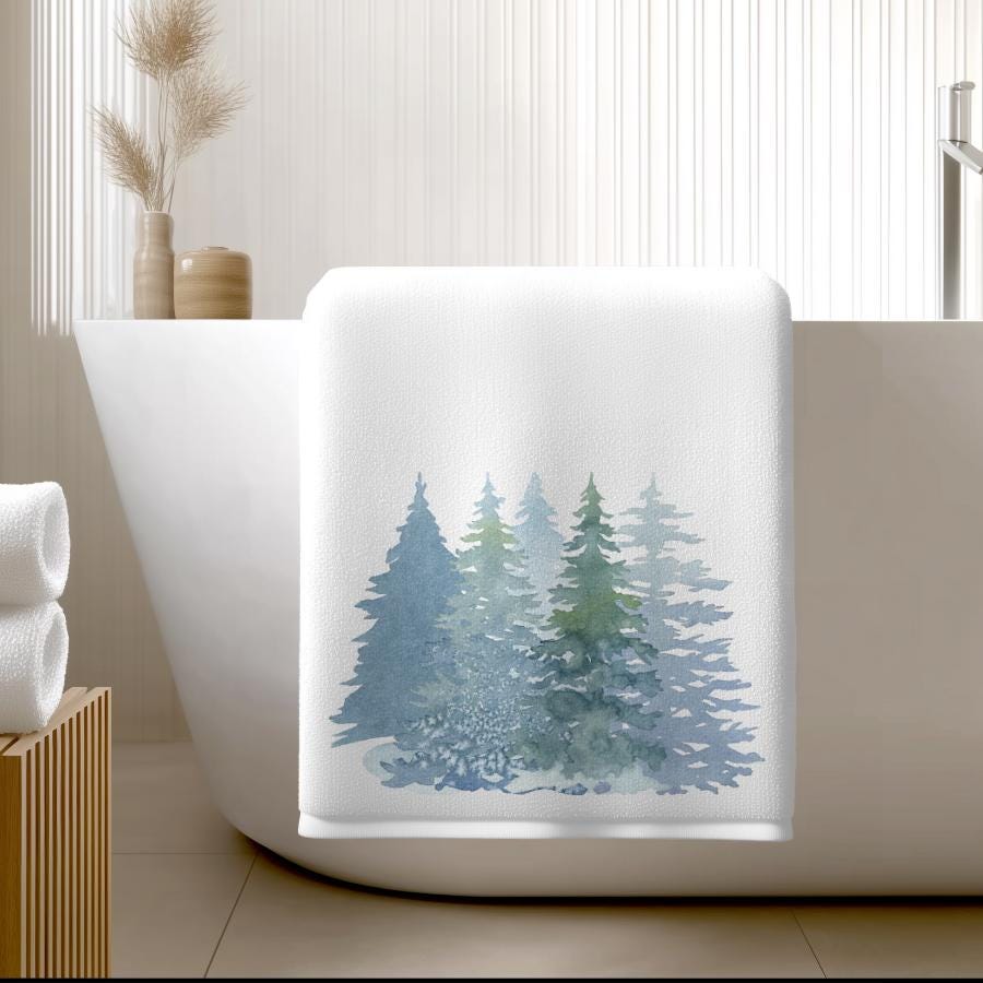 Winter Forest Bath Towel, Evergreen Bathroom Decor Gift