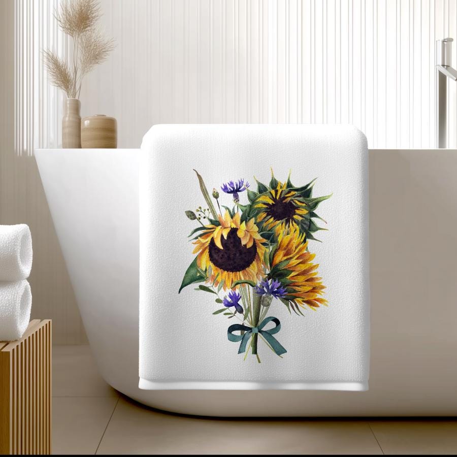 Sunflower Bath Towel, Rustic Floral Bathroom Decor, Cottage Botanical Accent