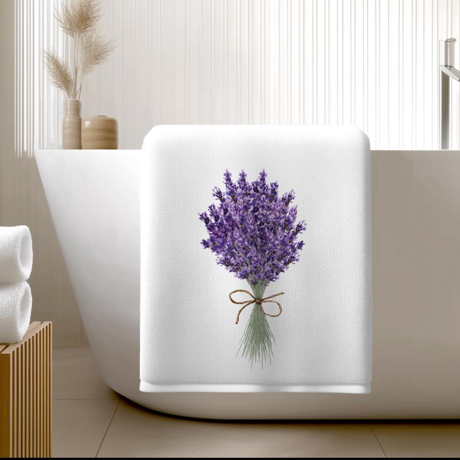 Lavender Bouquet Bath Towel, White Floral Spa Bathroom Decor, French Country Gift
