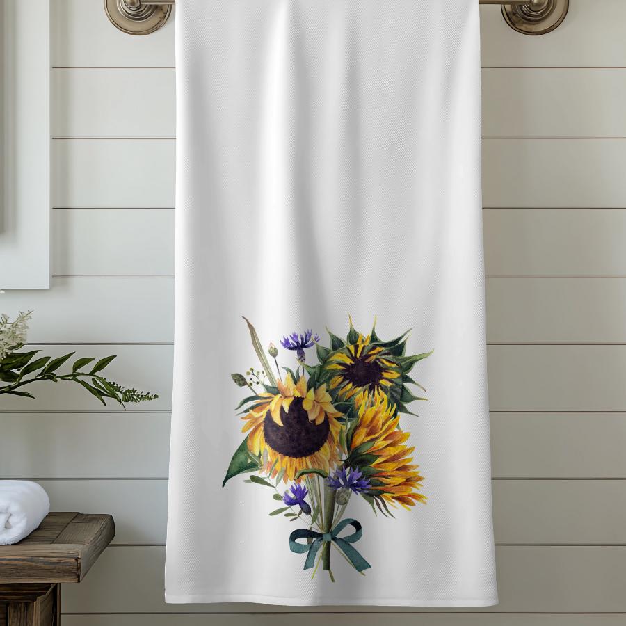 Sunflower Bath Towel, Rustic Floral Bathroom Decor, Cottage Botanical Accent