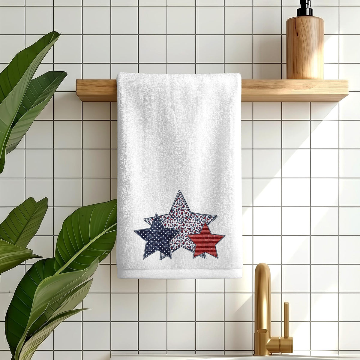 Patriotic Star Fingertip Towel, Americana Guest Bath Decor, Red White Blue Powder Room Accent