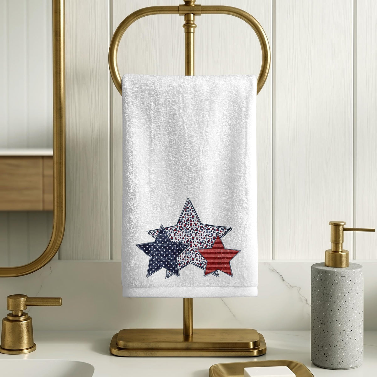 Patriotic Star Fingertip Towel, Americana Guest Bath Decor, Red White Blue Powder Room Accent