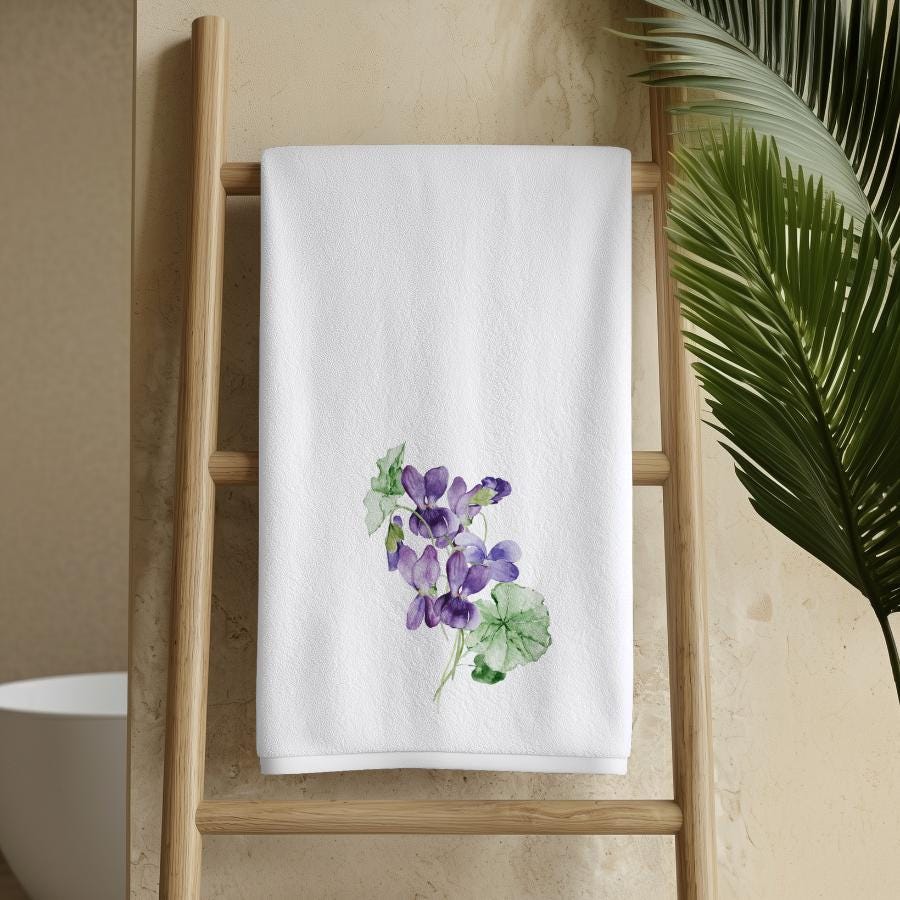 Purple Violet Hand Towel, Floral Bathroom Decor, Botanical Guest Bath Accent