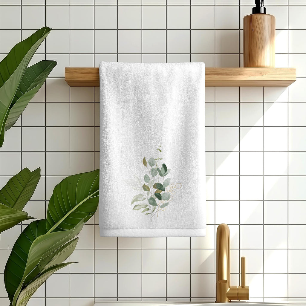 Eucalyptus Fingertip Towel, Elegant Botanical Bathroom Decor, Soft Neutral Spa Style Accent