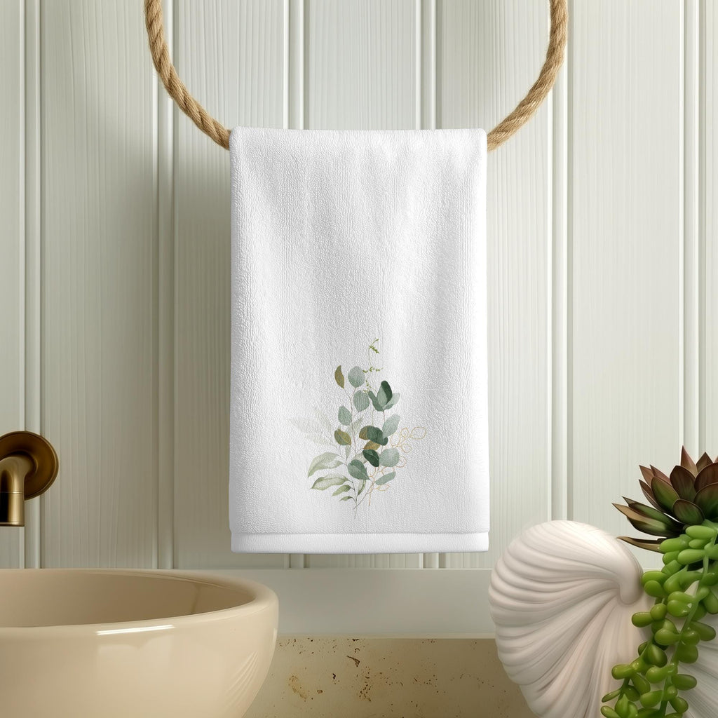 Eucalyptus Fingertip Towel, Elegant Botanical Bathroom Decor, Soft Neutral Spa Style Accent