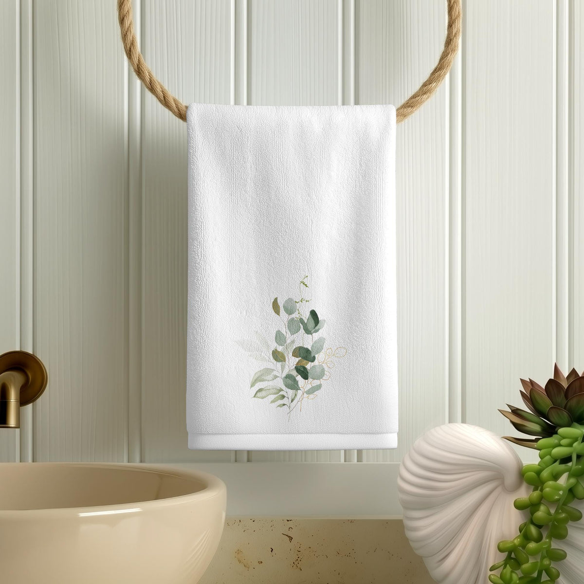 Eucalyptus Fingertip Towel, Elegant Botanical Bathroom Decor, Soft Neutral Spa Style Accent