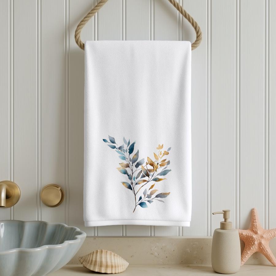 Blue Gold Botanical Hand Towel, Modern Leaf Bathroom Decor, Elegant Guest Bath Accent