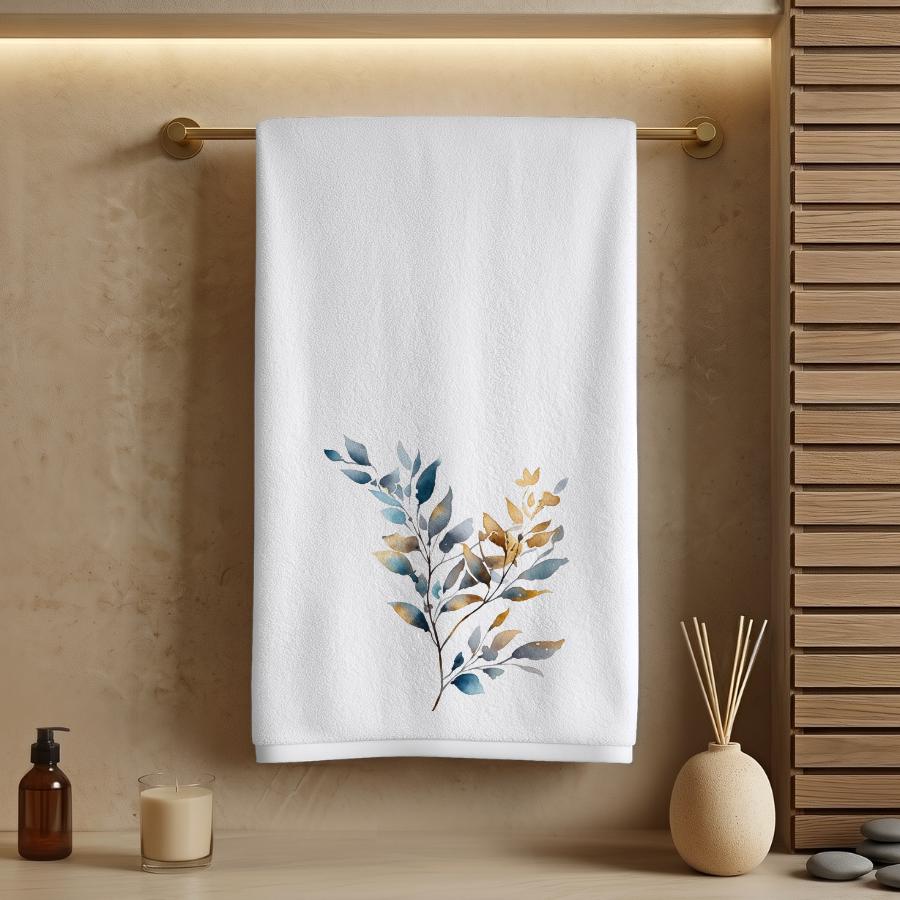 Blue Gold Botanical Hand Towel, Modern Leaf Bathroom Decor, Elegant Guest Bath Accent