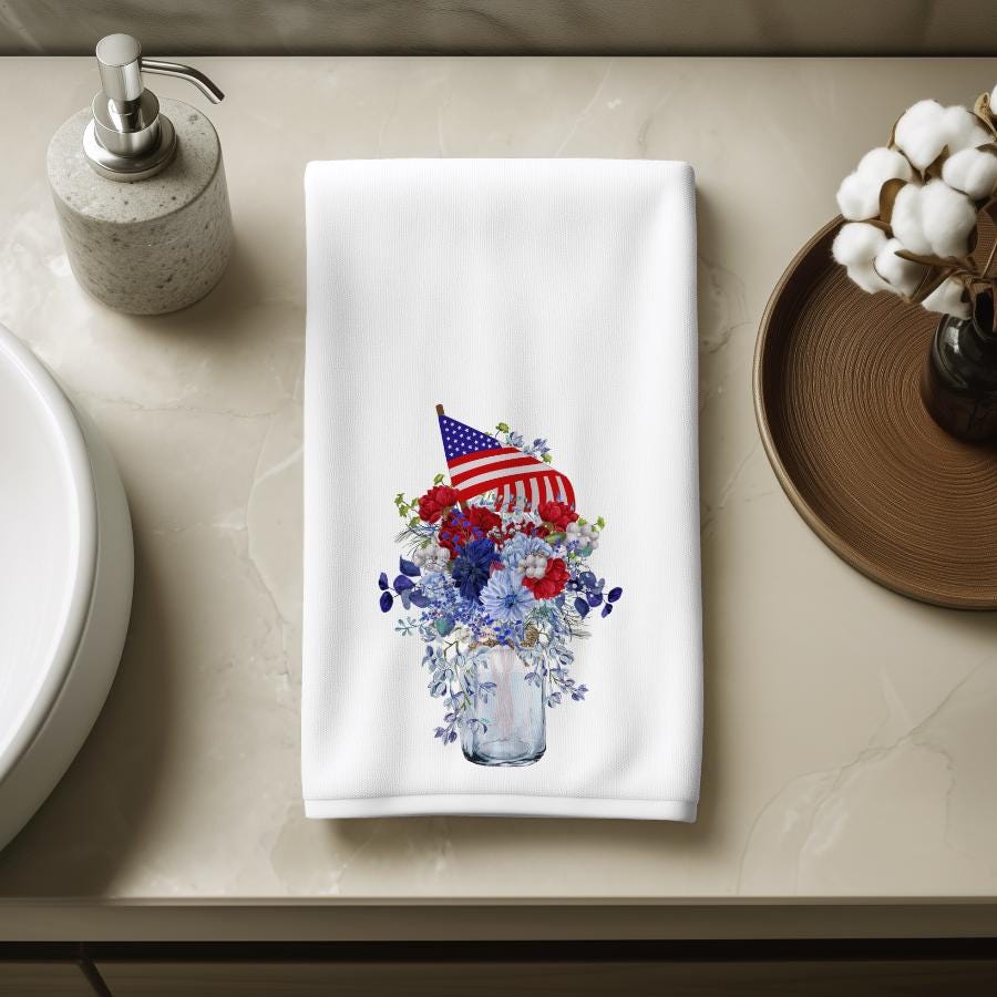 Patriotic Floral Hand Towel, Americana Bathroom Decor, Red White Blue Guest Bath Accent