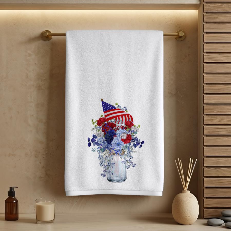 Patriotic Floral Hand Towel, Americana Bathroom Decor, Red White Blue Guest Bath Accent
