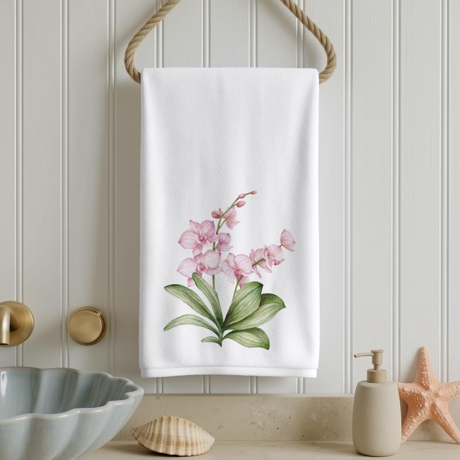 Pink Orchid Hand Towel, Tropical Floral Bathroom Decor, Botanical Guest Bath Accent