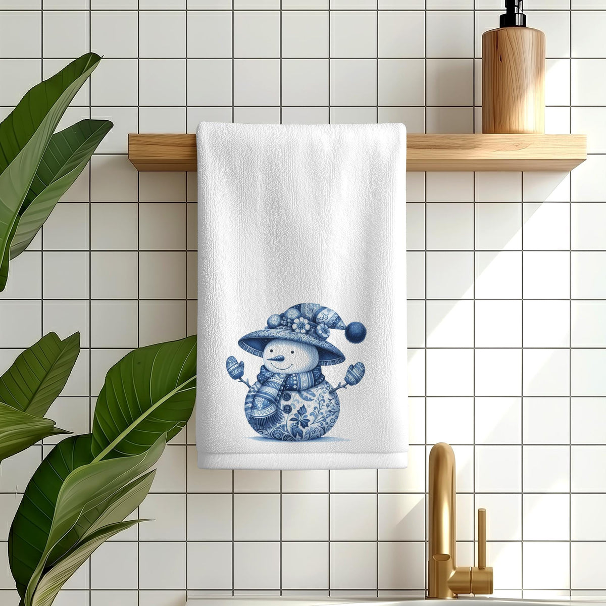 Blue Snowman Fingertip Towel, Winter Bathroom Decor Gift