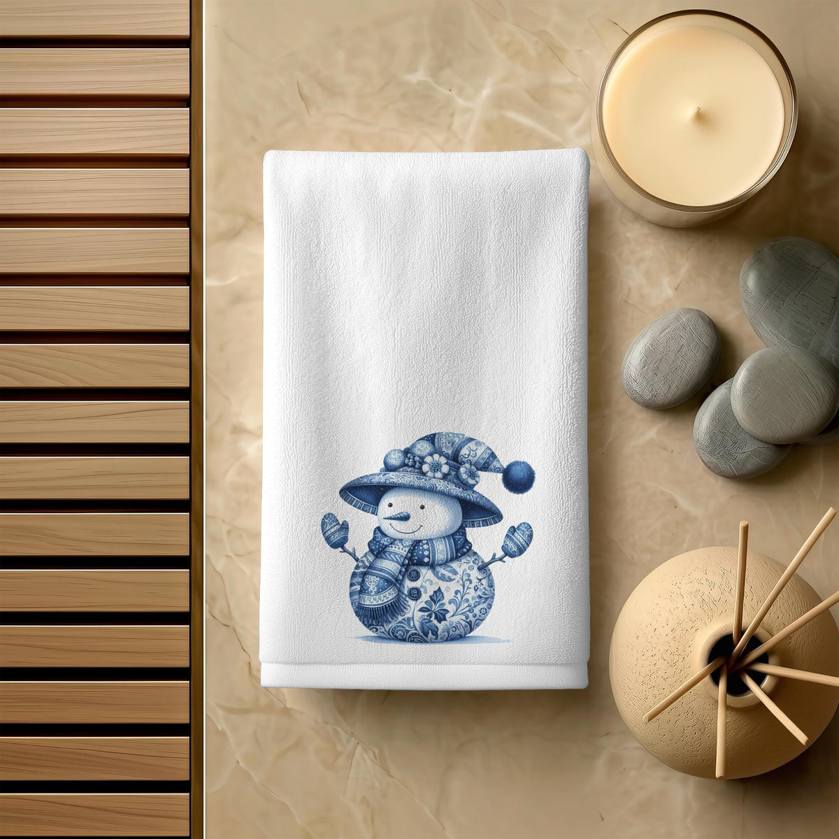 Blue Snowman Fingertip Towel, Winter Bathroom Decor Gift