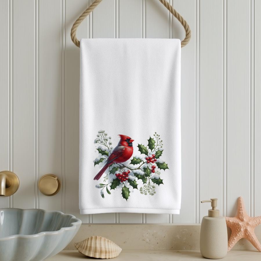 Cardinal Hand Towel, Christmas Bathroom Decor, Winter Bird Guest Bath Gift