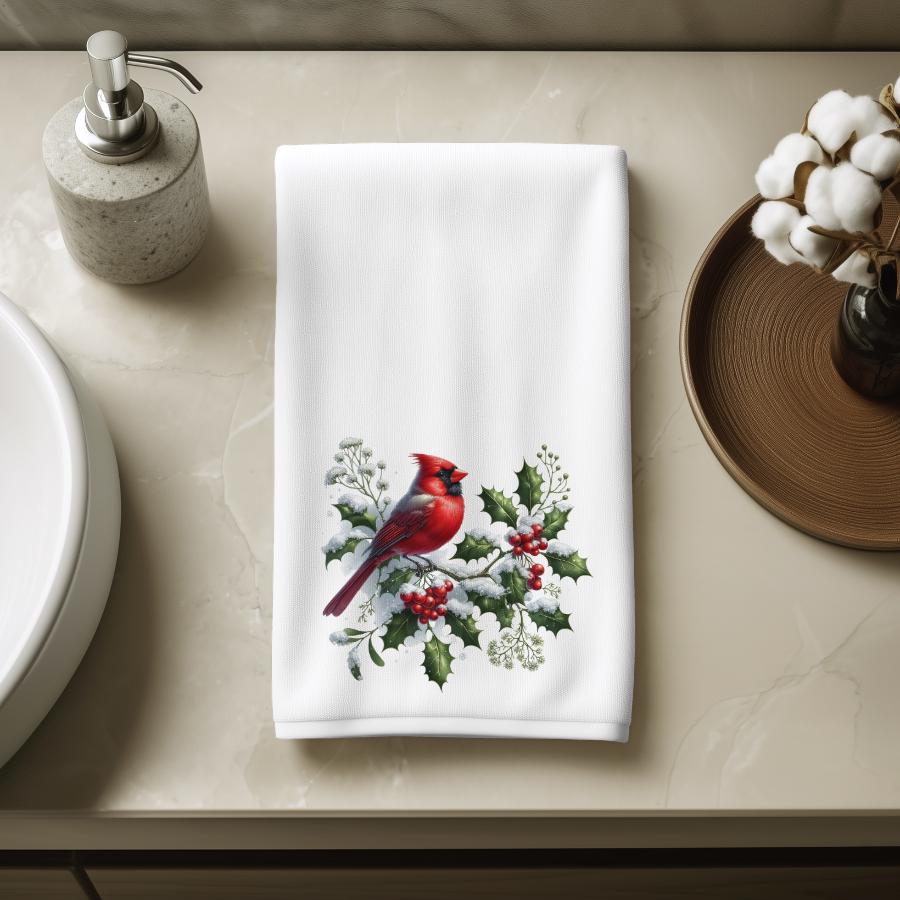 Cardinal Hand Towel, Christmas Bathroom Decor, Winter Bird Guest Bath Gift