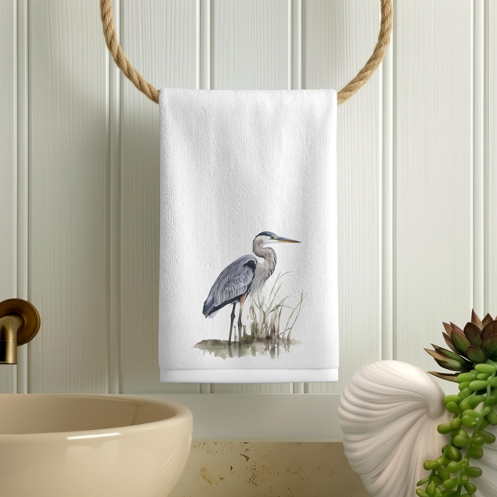 Heron Fingertip Towel, Coastal Guest Bath Decor, Marsh Bird Powder Room Gift