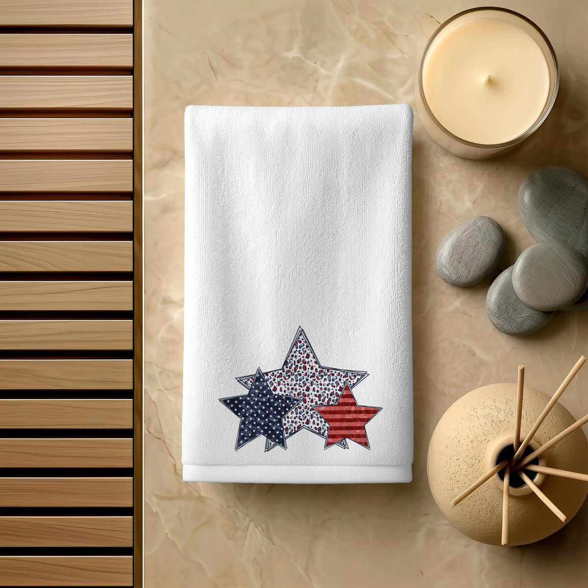 Patriotic Star Fingertip Towel, Americana Guest Bath Decor, Red White Blue Powder Room Accent