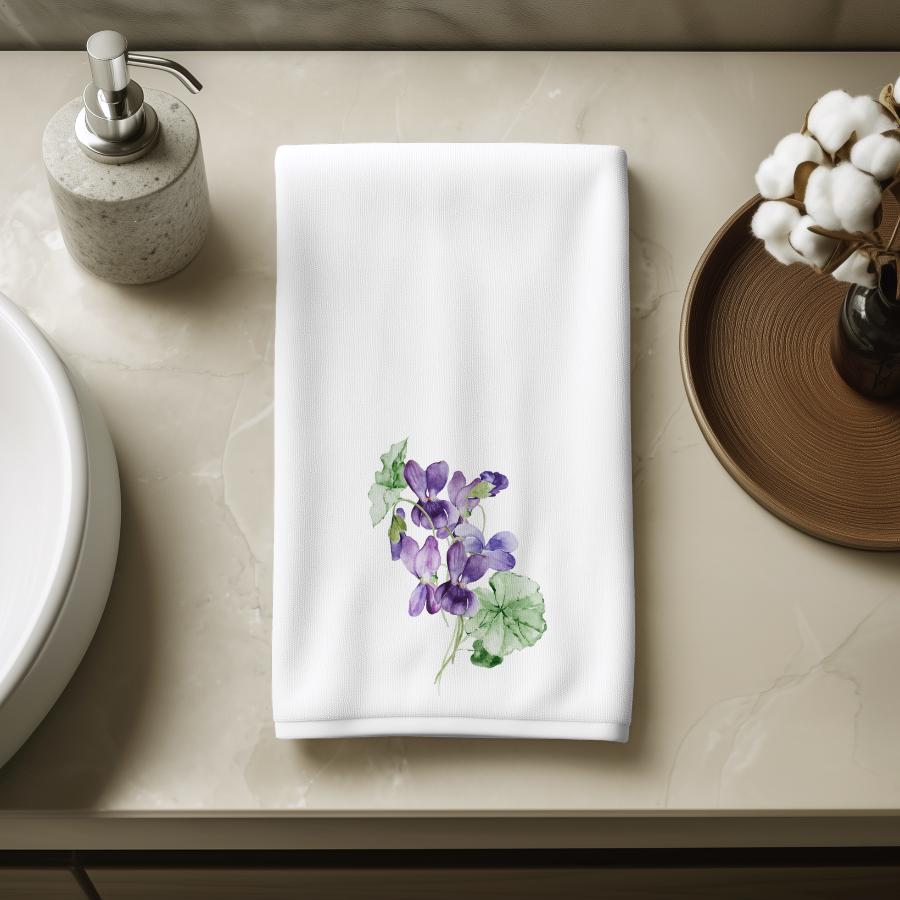 Purple Violet Hand Towel, Floral Bathroom Decor, Botanical Guest Bath Accent
