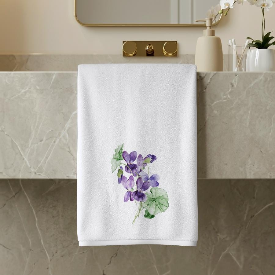 Purple Violet Hand Towel, Floral Bathroom Decor, Botanical Guest Bath Accent