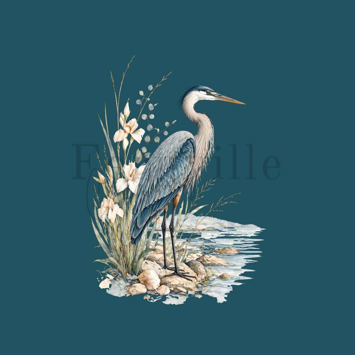 Blue Heron Fingertip Towel, Coastal Guest Bath Decor, Seaside Bird Powder Room Accent