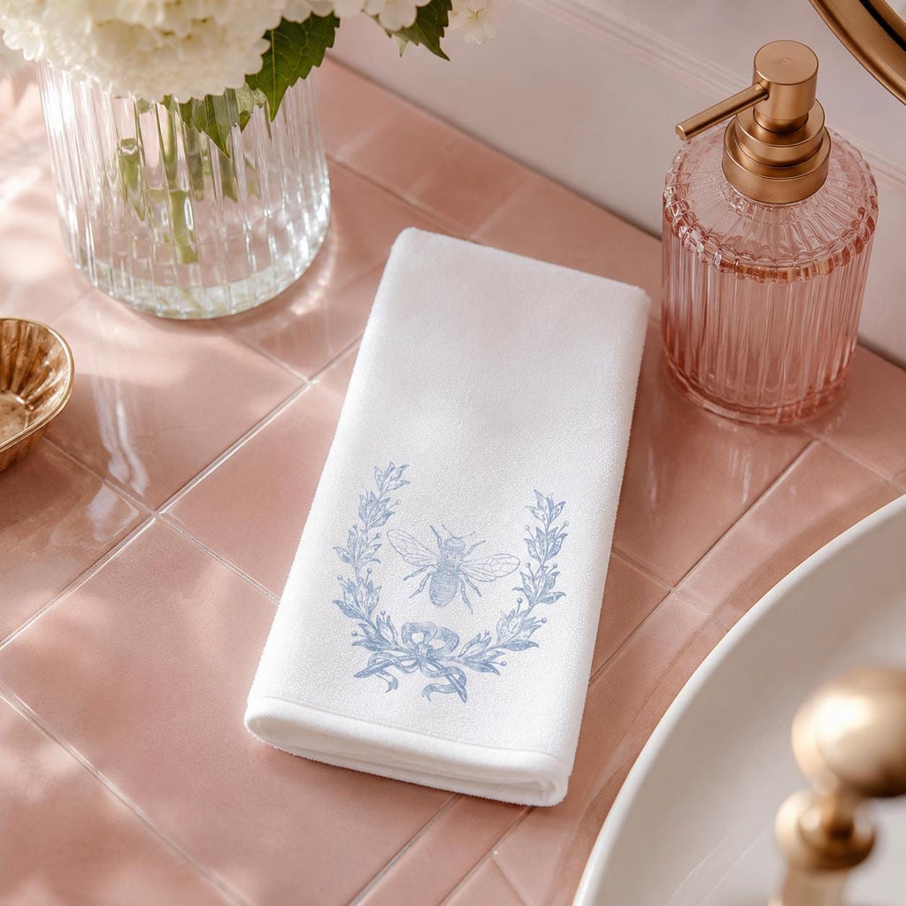 Blue Bee Fingertip Towel, Botanical Guest Bath Decor, White Powder Room Accent