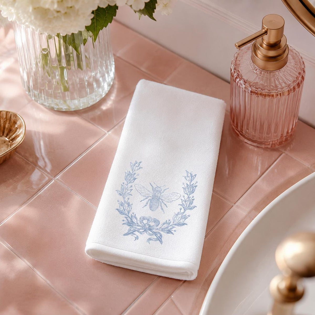 Blue Bee Fingertip Towel, Botanical Guest Bath Decor, White Powder Room Accent