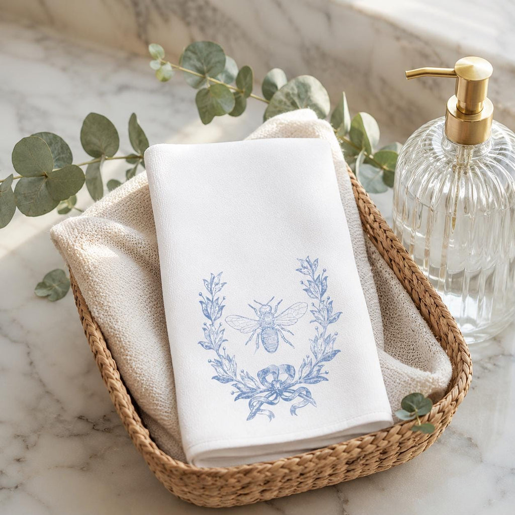 Blue Bee Fingertip Towel, Botanical Guest Bath Decor, White Powder Room Accent