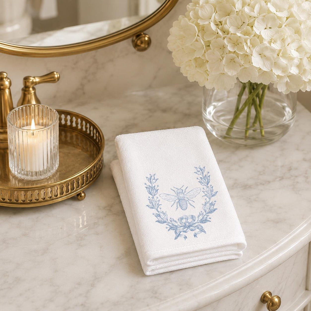 Blue Bee Fingertip Towel, Botanical Guest Bath Decor, White Powder Room Accent