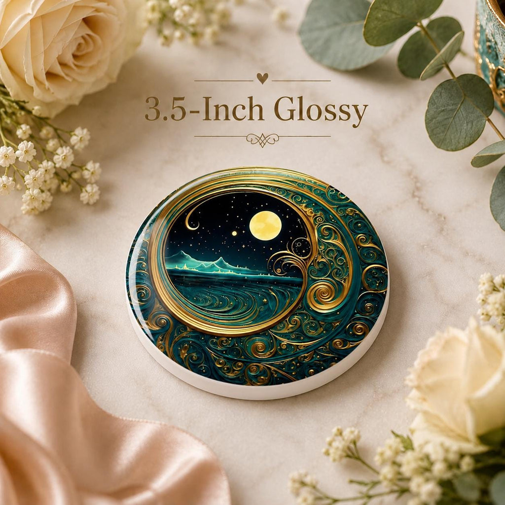 Moonlit Ocean Coaster, Celestial Coastal Decor, Teal Gold Art Nouveau Gift