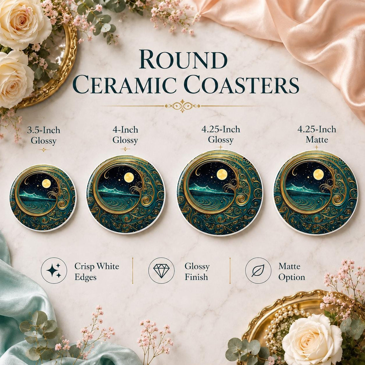Moonlit Ocean Coaster, Celestial Coastal Decor, Teal Gold Art Nouveau Gift