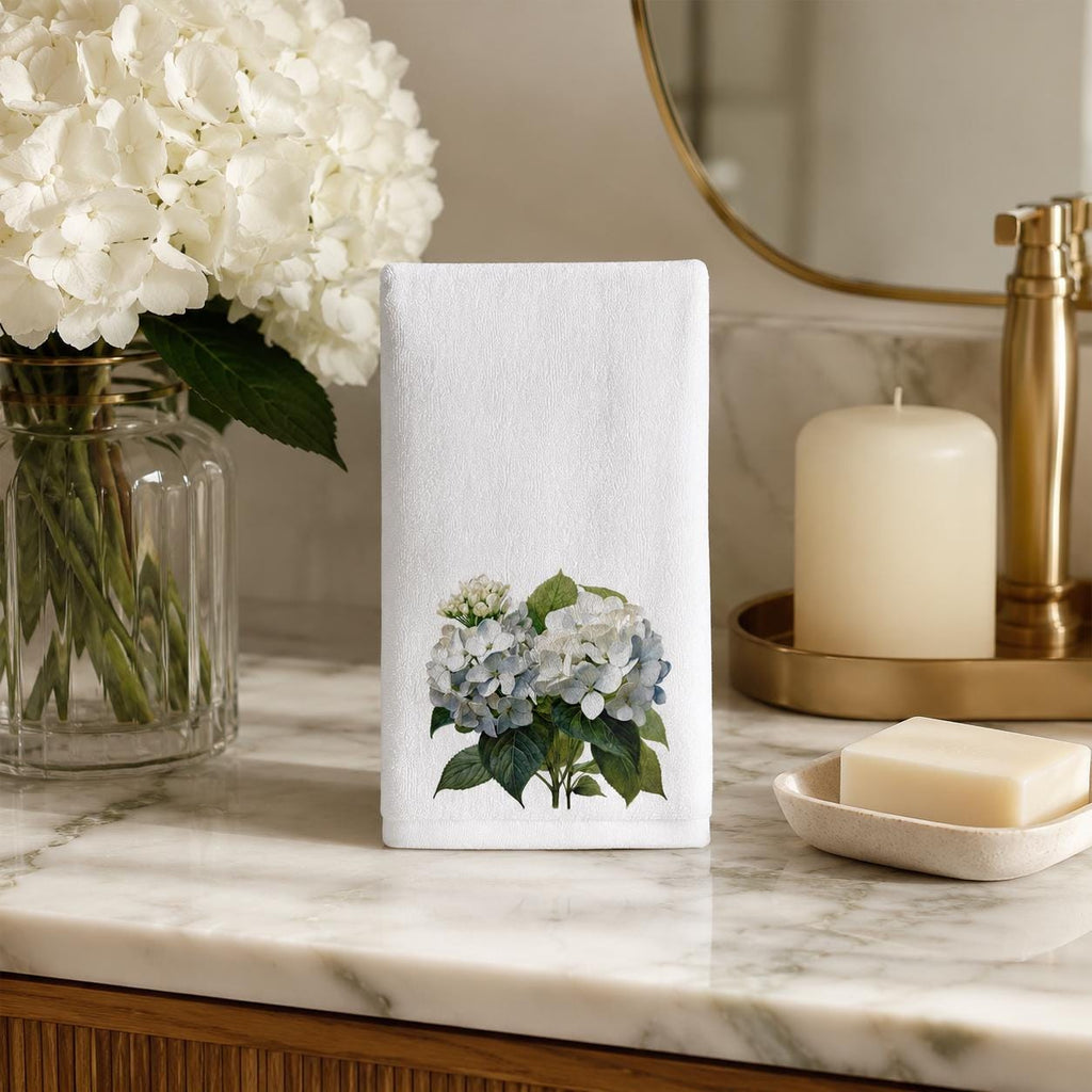 Hydrangea Fingertip Towel, White Floral Guest Bath Decor, Powder Room Accent