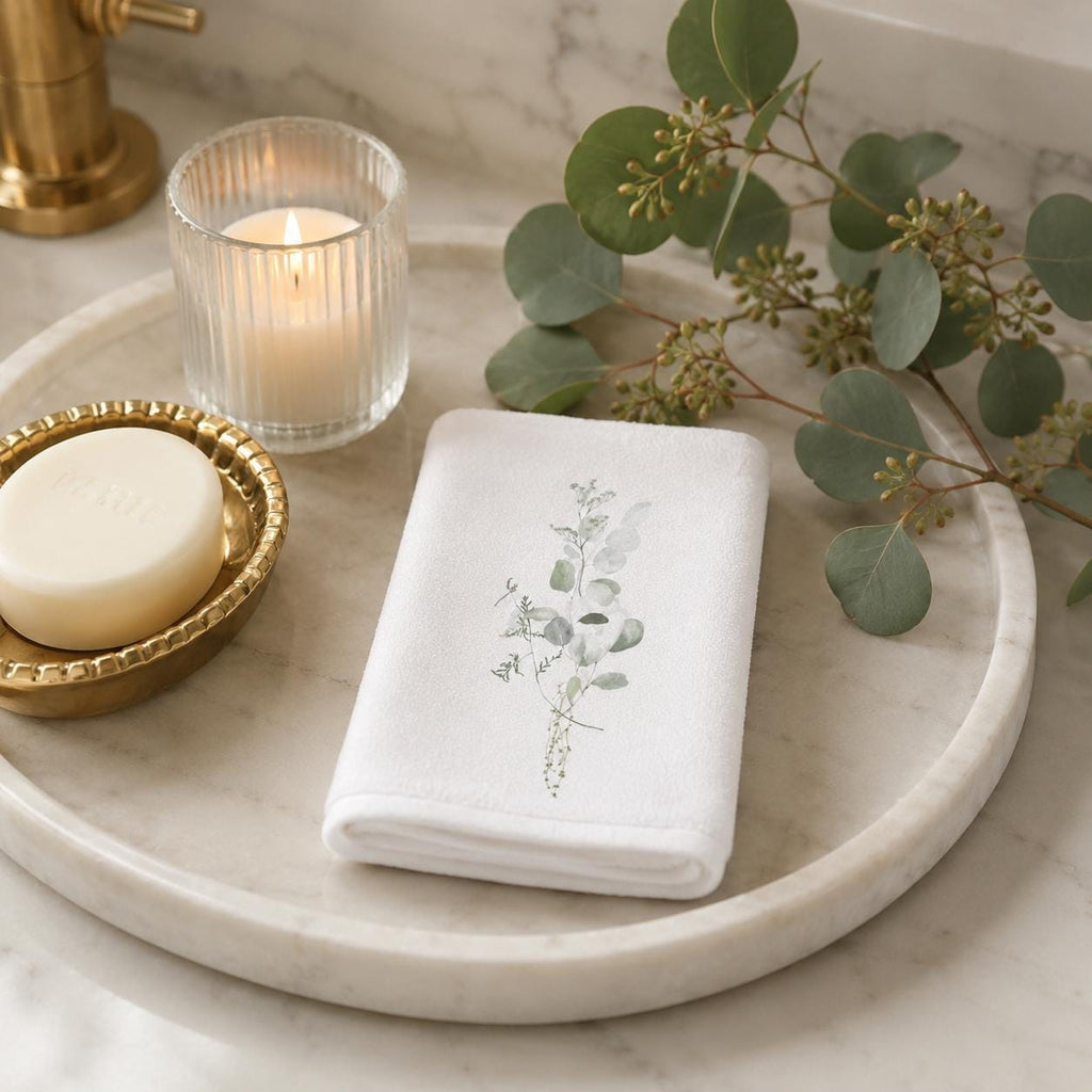 Eucalyptus Fingertip Towel, Botanical Guest Bath Decor, White Powder Room Accent
