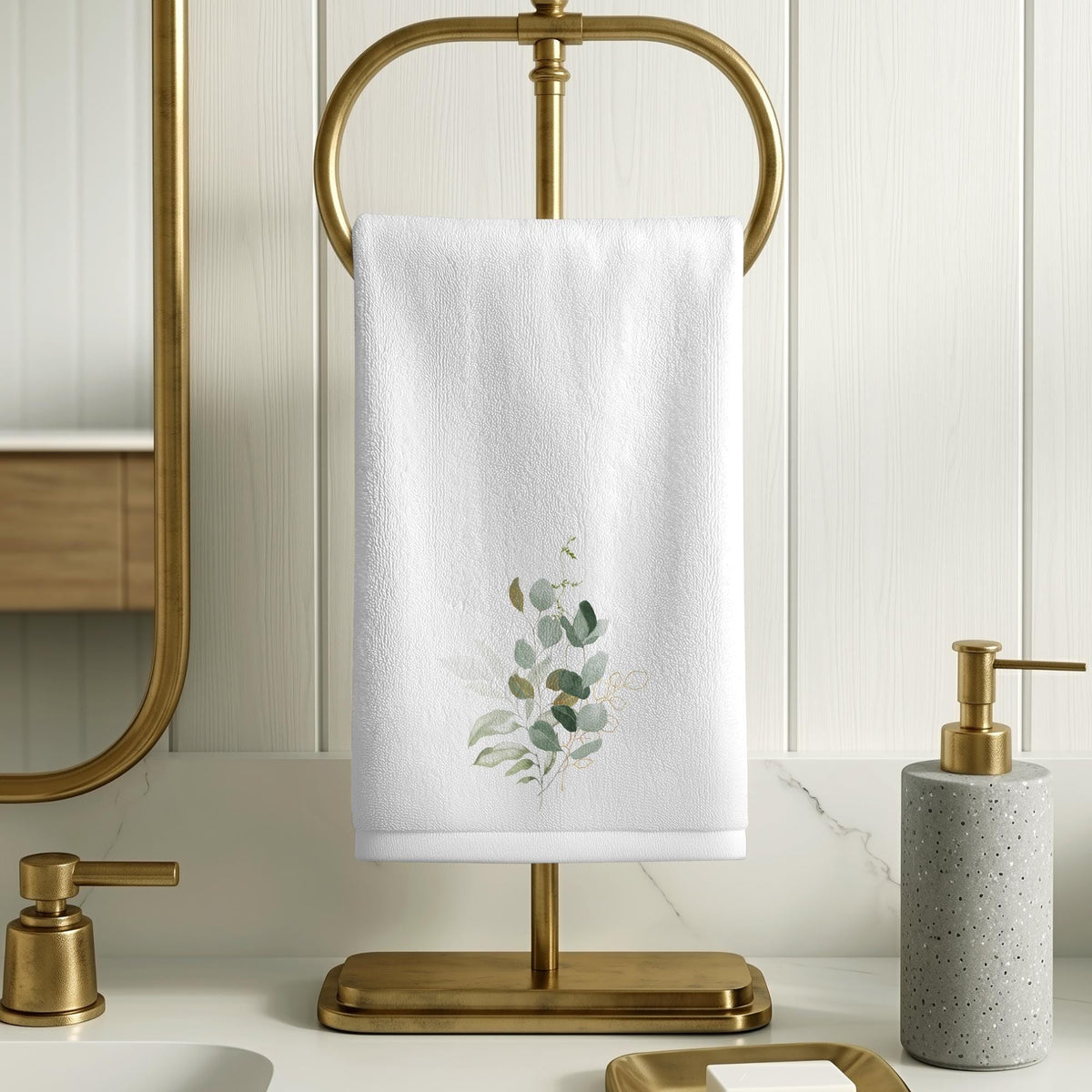 Eucalyptus Fingertip Towel, Elegant Botanical Bathroom Decor, Soft Neutral Spa Style Accent
